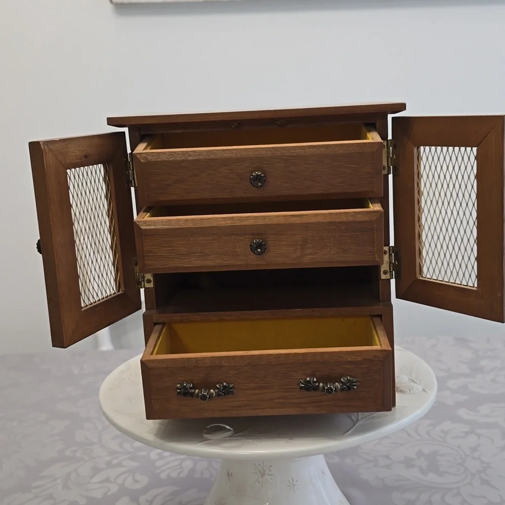 Vintage Mid Century Wood Music Jewelry Box 4 Drawers Mesh Wire Door Metal Pulls